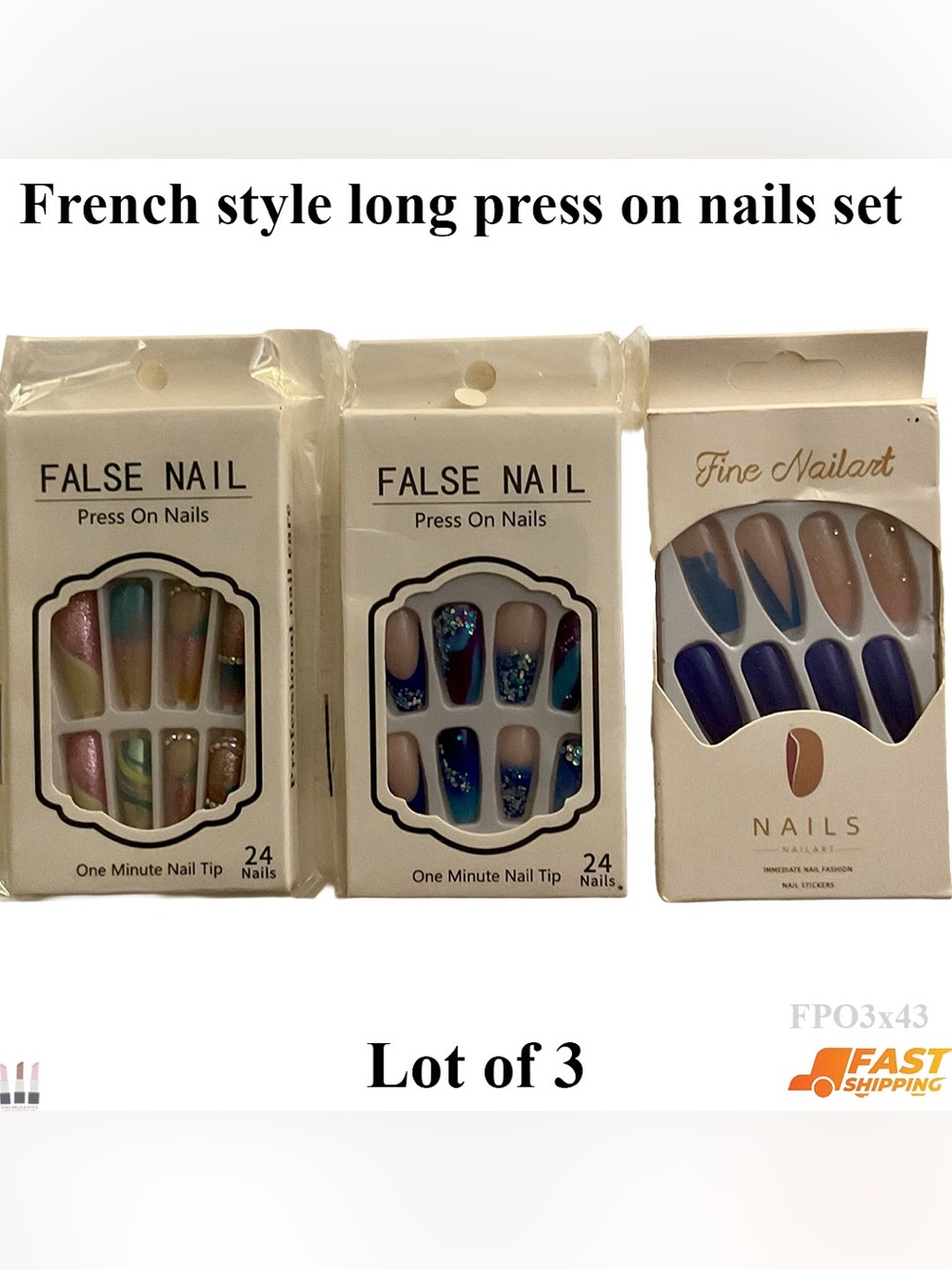 French style long press on nails set lot of 3